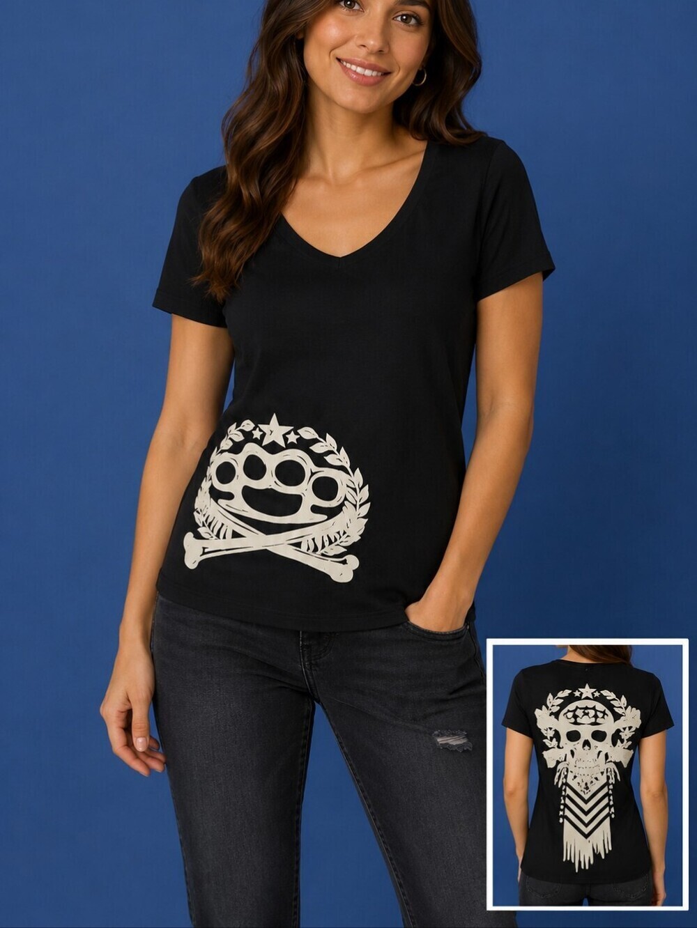 3/$30 FANCYQUBE Skull Crossbones Graphic Short Sleeve V-Neck Gasparilla Baby Tee
